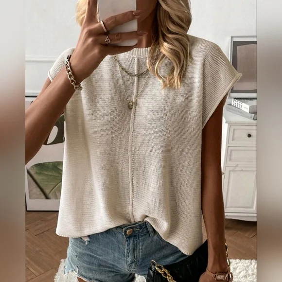 New Chic Knit Sleeveless Sweater Vest Top Cream Beige Tan Off White - Picture 4 of 9